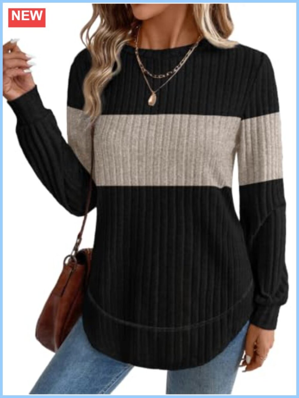 Women's Soft Crew Neck Tunic Sweater Long Sleeve Curved Hem